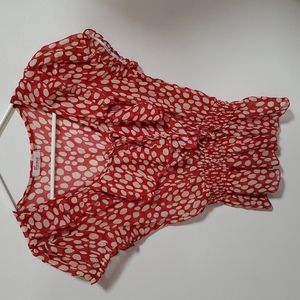 ♥️ 2/$15 Red and White Sheer Ruffle Elastic Waist  Short Sleeve Blouse sz M/L